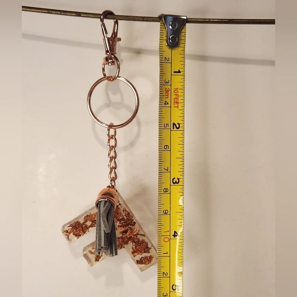 4 1/2” Handmade Letter “F” Resin Gold Leaf Tassel Keychain